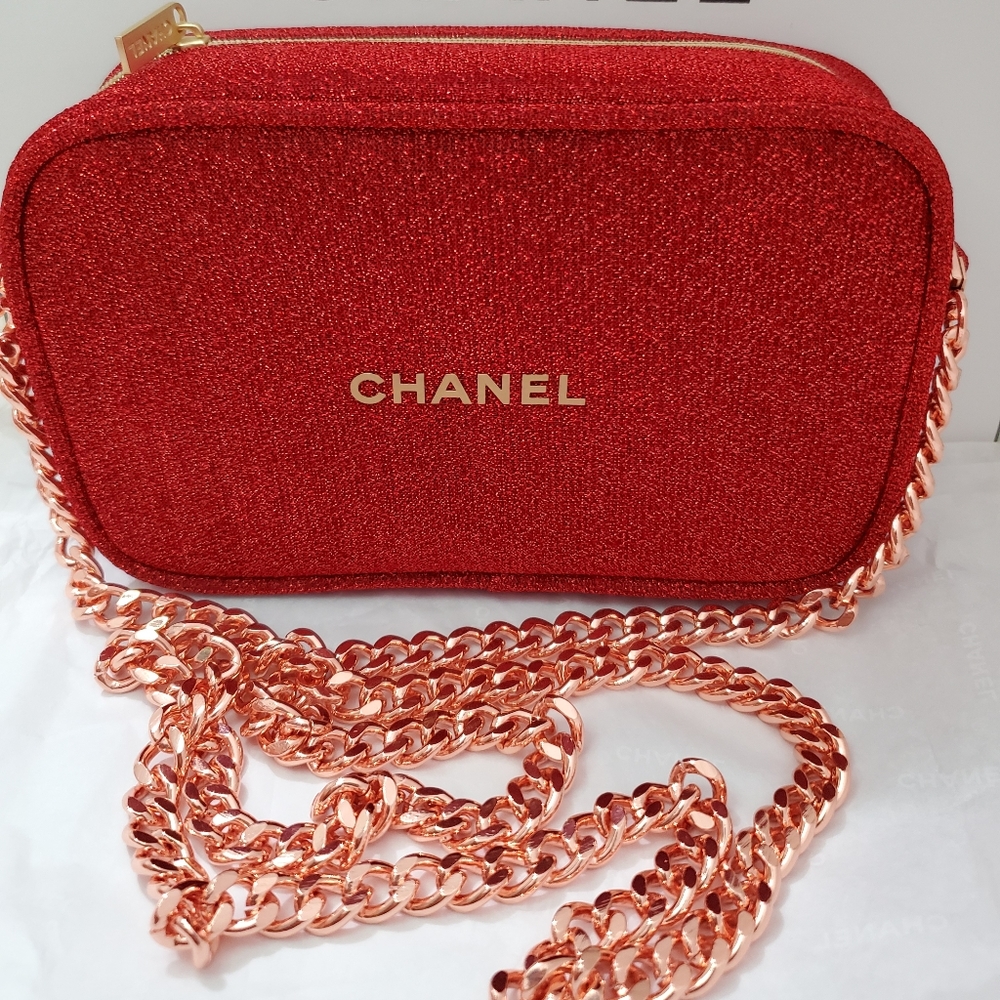 Chanel Red Cosmetic Bag/Purse with Rose Gold Chain